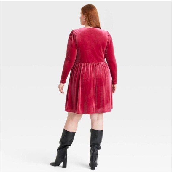 Ava & Viv Dress 1X Rose Velvet Sweetheart Neckline Rosette Midi A-Line - Picture 2 of 12